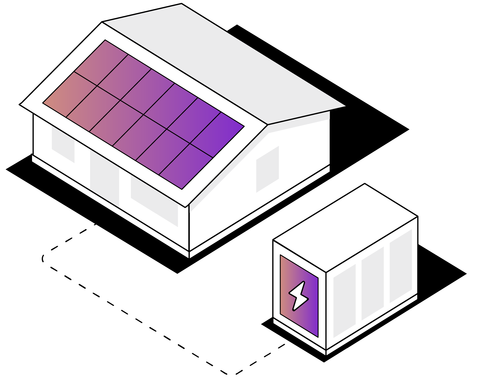 Illustration of a house with solar panels and a battery
