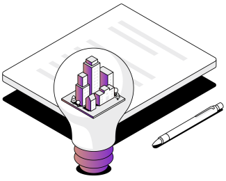 Illustration of a file and lightbulb with a city inside of it